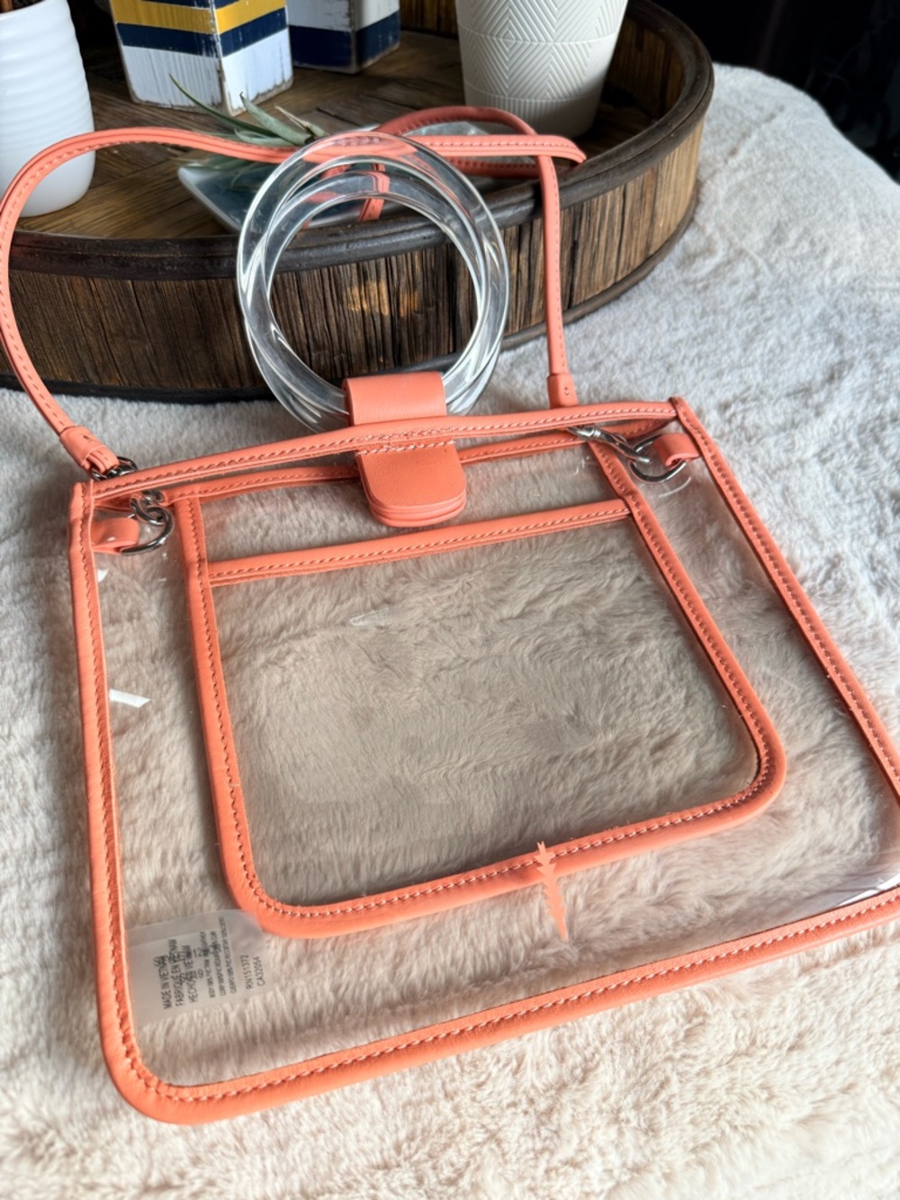 Thacker NYC Clear Peekaboo Ring Handle Bag Coral Trim Acrylic Handle Crossbody